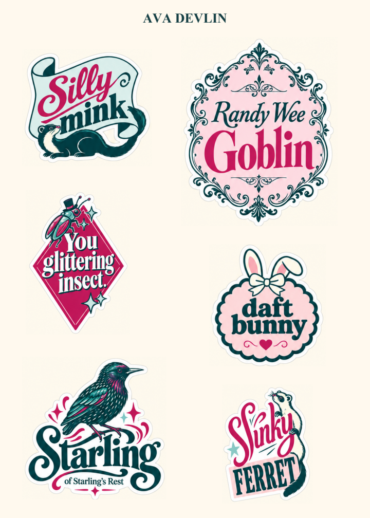 Six animal-inspired stickers: Silly Mink, Randy Wee Goblin, You Glittering Insect, Daft Bunny, Starling, and Slinky Ferret.