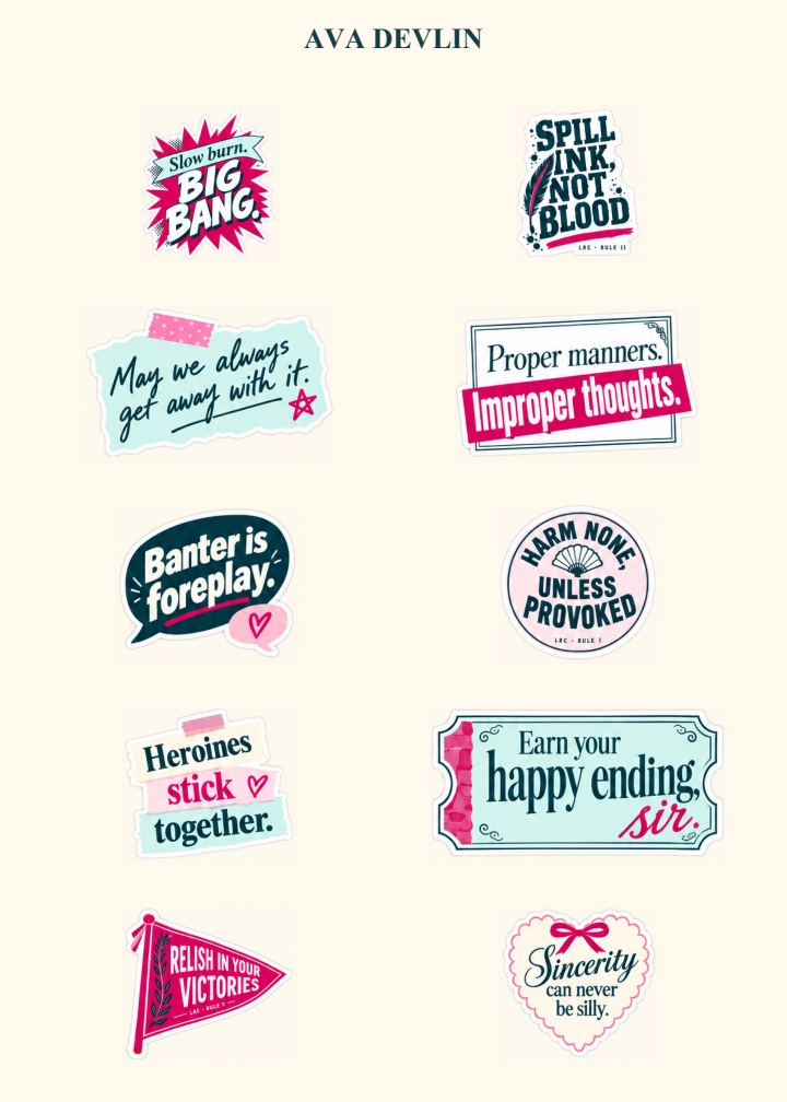 Ten bookish slogan stickers including Heroines Stick Together, Banter Is Foreplay, and Spill Ink, Not Blood.
