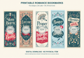 Five printable romance bookmark designs with translucent wavy-line and circular preview watermarks. Purchased files are unwatermarked.
