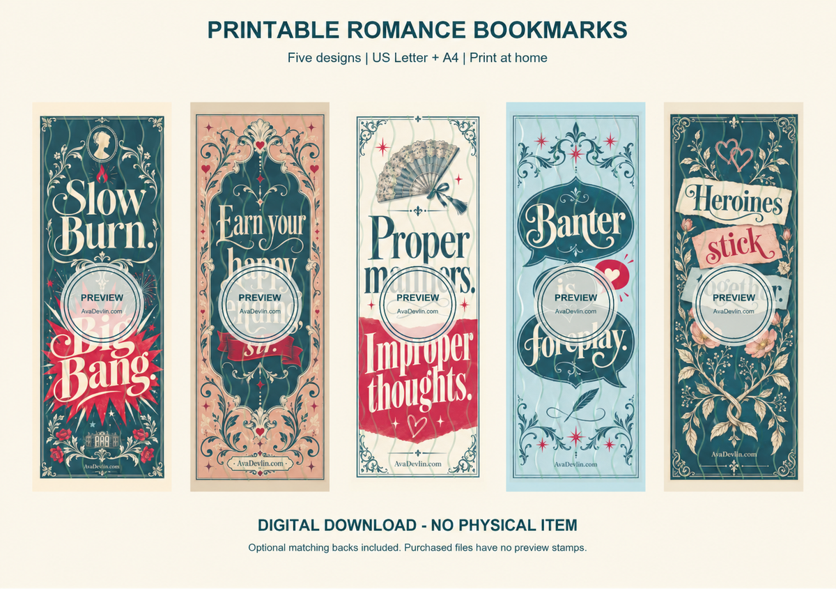 Five printable romance bookmark designs with translucent wavy-line and circular preview watermarks. Purchased files are unwatermarked.