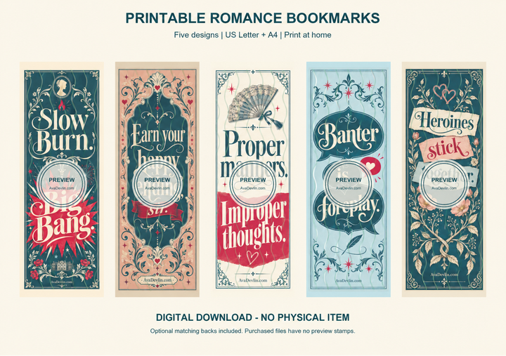 Printable Romance Bookmarks — Five-Design Set